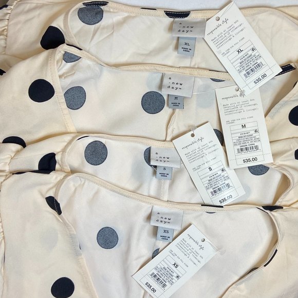 A New Day Crepe Rouched Cinched High Low Dot Dress Cream/Black NWT Short Sleeve - Picture 11 of 11